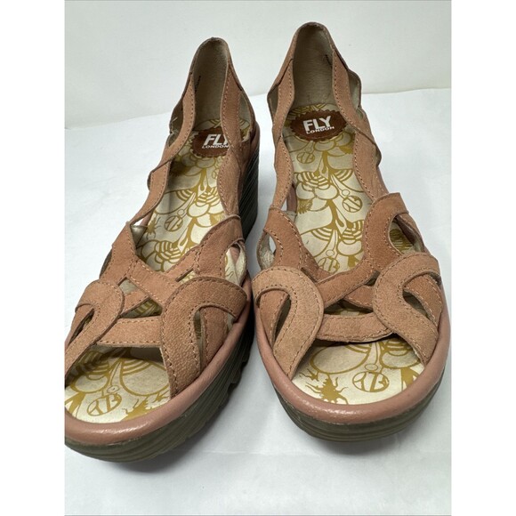 Fly London Yadi Rose Pink Leather Cutout Peep-toe Wedge Sandals 39 8 8.5 - Picture 10 of 10